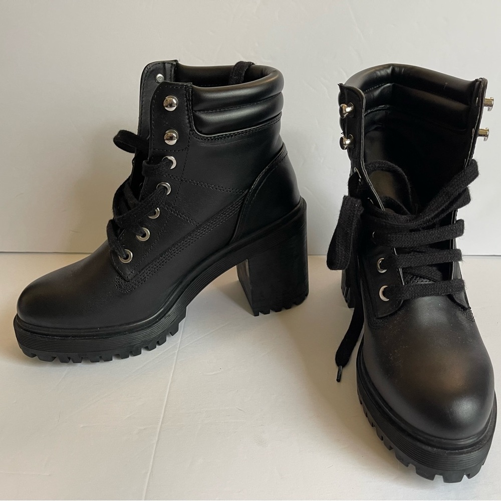 ZARA Black Ankle Grunge Combat boots chunky heels lace up Auth Leather sz 6 NWT